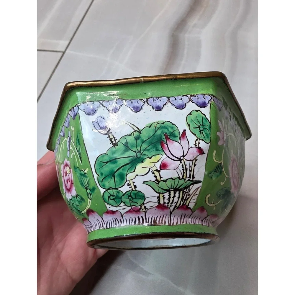 Vintage Chinese Cloisene Enamel Hexagonal Bowl Green Floral‎ Bird 4.25
